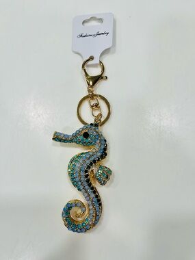 Seahorse Crystal Purse Charm and Keychain - Blue and Teal Rhinestones